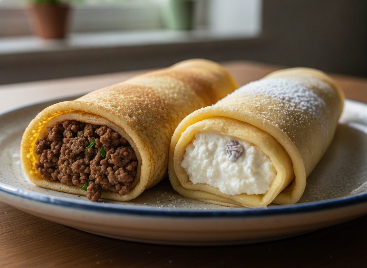 Блины с начинкой из мяса и творога на тарелке