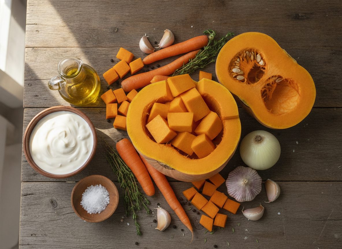 Продукти для гарбузового крем-супу: гарбуз, морква, цибуля, вершки