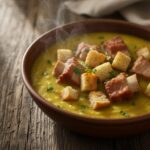 Тарелка горохового супа с копчёностями и гренками