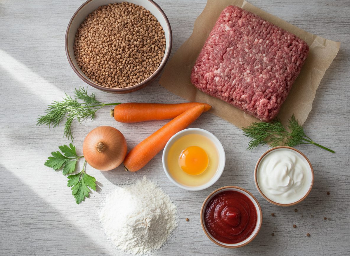 Продукты для гречаников: гречка, фарш, лук, морковь, яйцо, мука, сметана и томатная паста
