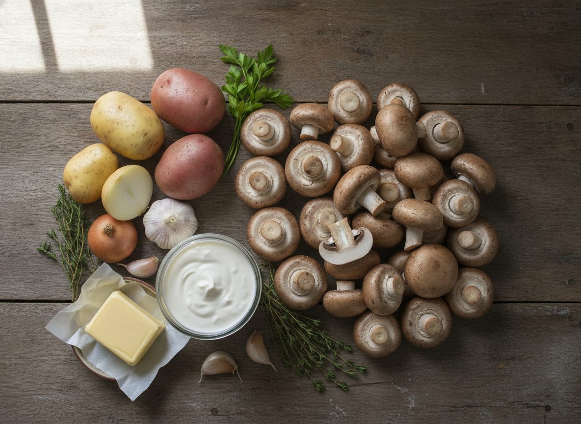 Продукты для грибного крем-супа: шампиньоны, картофель, лук, сливки