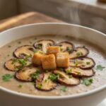 Грибной крем-суп в тарелке с гренками и зеленью