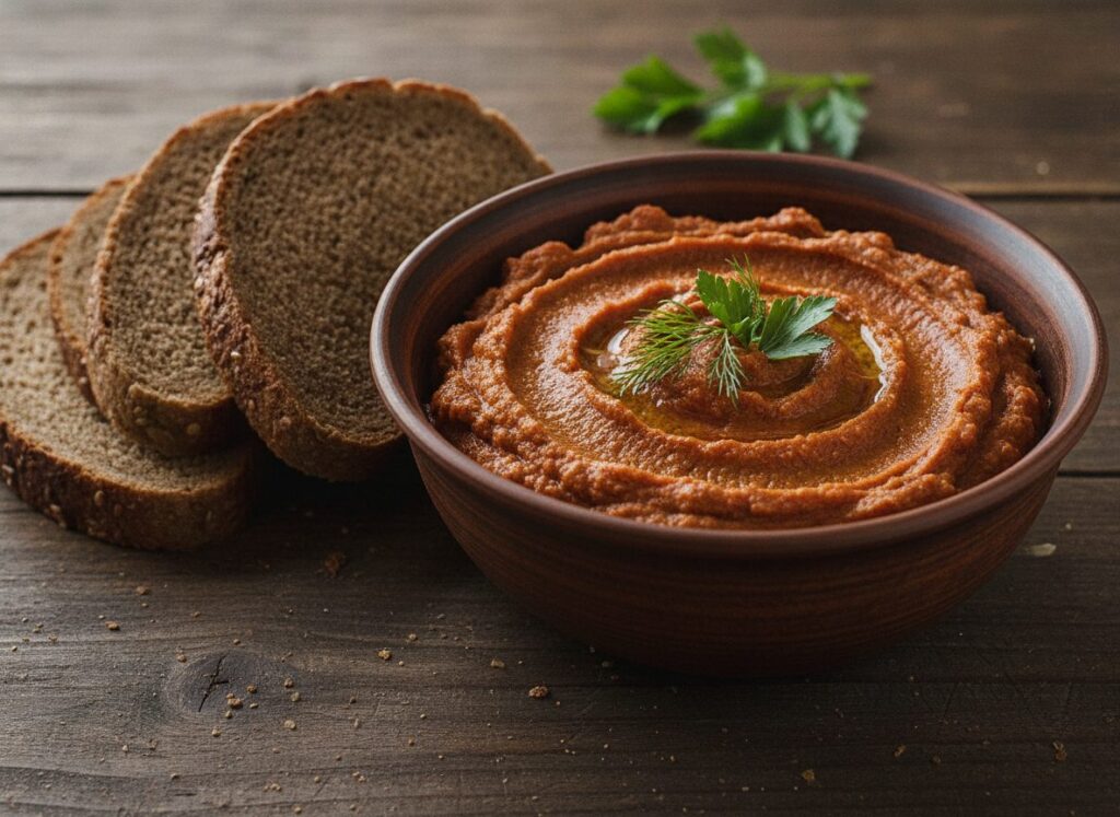 Готовая кабачковая икра в миске с хлебом
