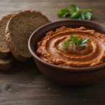 Готовая кабачковая икра в миске с хлебом