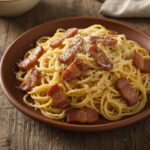 Готовая паста карбонара в тарелке с тёртым сыром и чёрным перцем