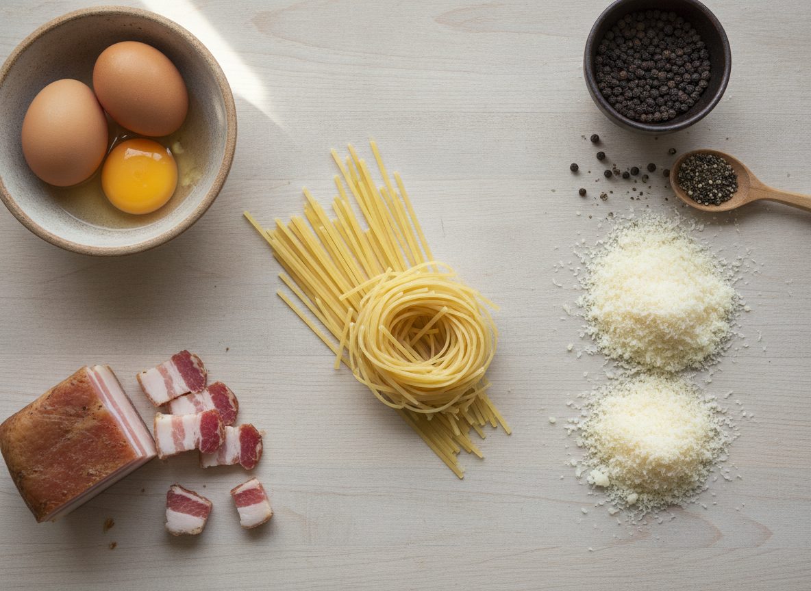 Продукты для карбонары: спагетти, яйца, сыр, гуанчиале и перец