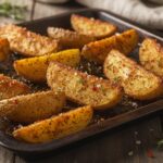 Готовая запечённая картошка по-деревенски с румяной корочкой на противне