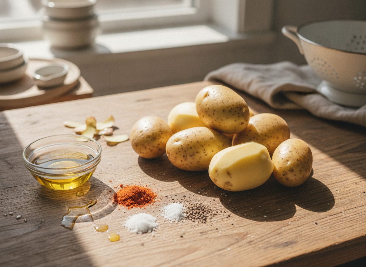 Продукты для запечённого картофеля: картофель, масло, паприка, чеснок