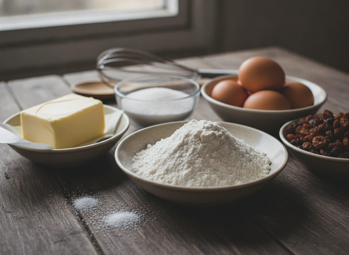 Продукты для классического кекса: мука, масло, сахар, яйца и изюм