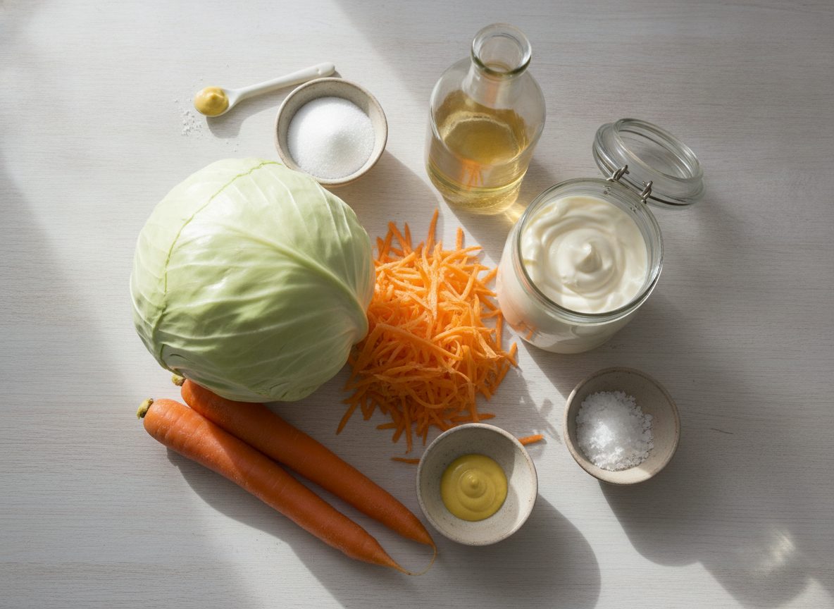 Продукты для коул слоу: капуста, морковь, майонез, уксус