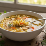 Тарелка куриного супа с лапшой