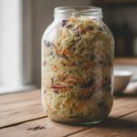 Банка с квашеной капустой и морковью на кухонном столе