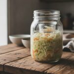 Квашеная капуста в стеклянной банке на кухонном столе