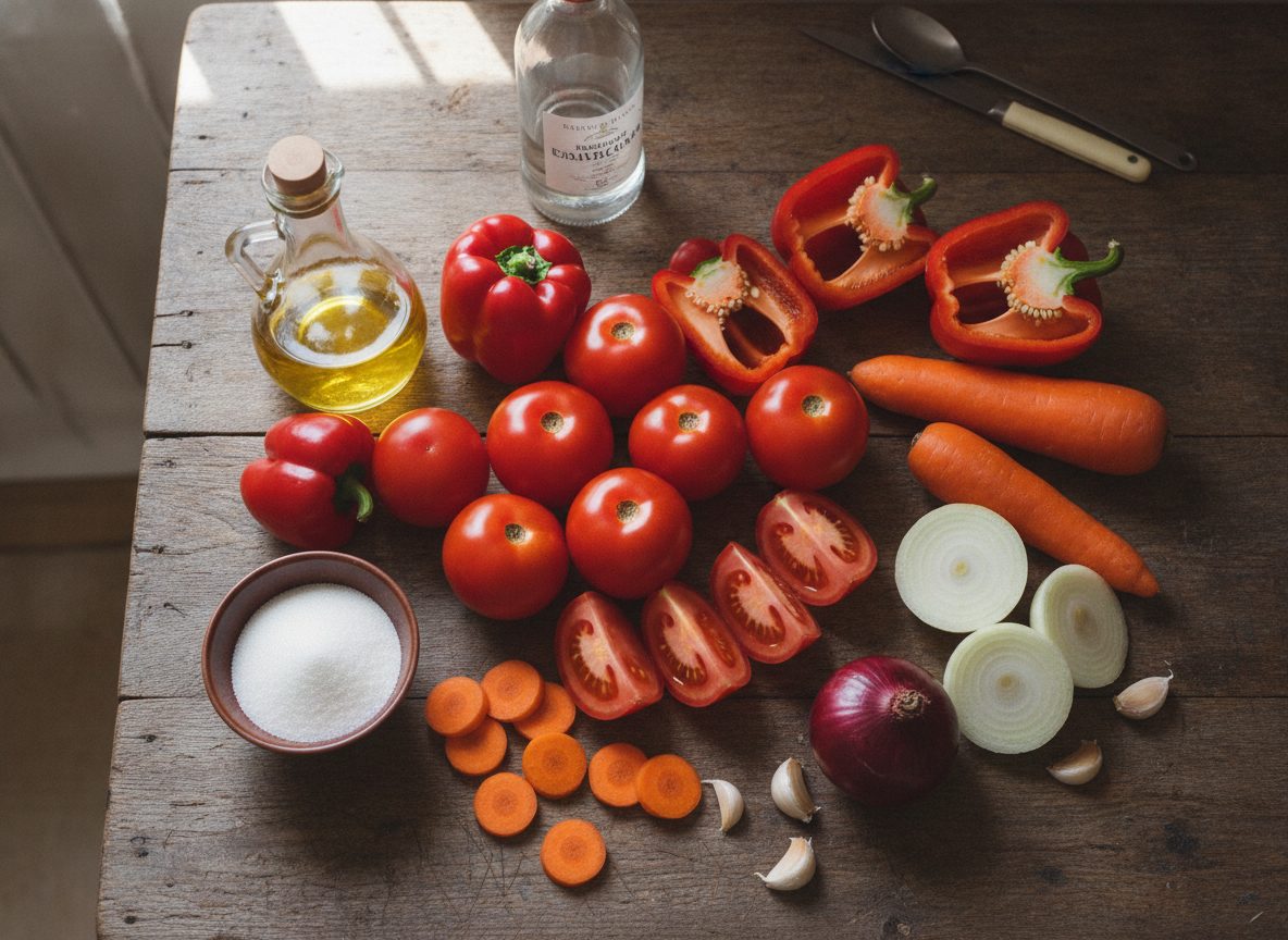 Продукты для лечо: помидоры, перец, морковь, лук, чеснок и специи
