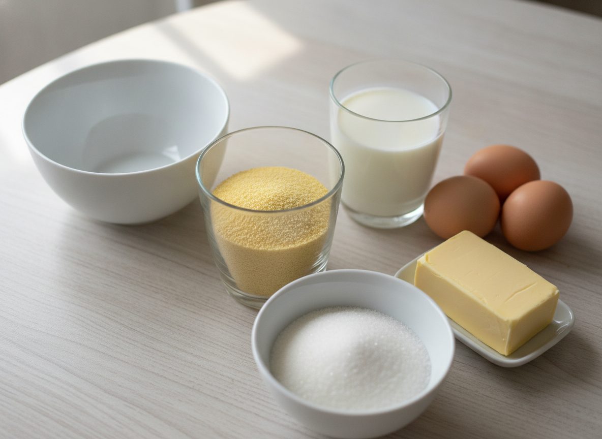 Продукты для манника: стакан манки, молоко, яйца, сахар и масло
