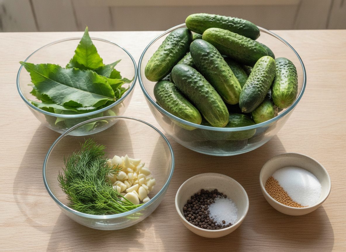 Продукты для маринования огурцов: свежие огурцы, укроп, чеснок, специи