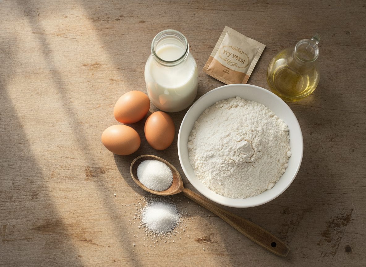 Продукты для оладий на дрожжах: мука, молоко, яйца, дрожжи, сахар, масло