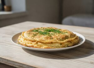 Готовый пышный омлет с зеленью на тарелке