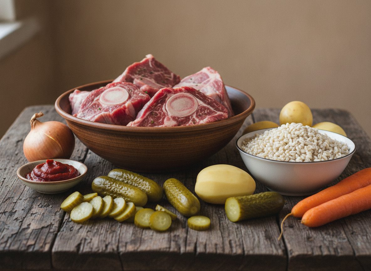Продукты для рассольника: говядина, перловка, огурцы, овощи