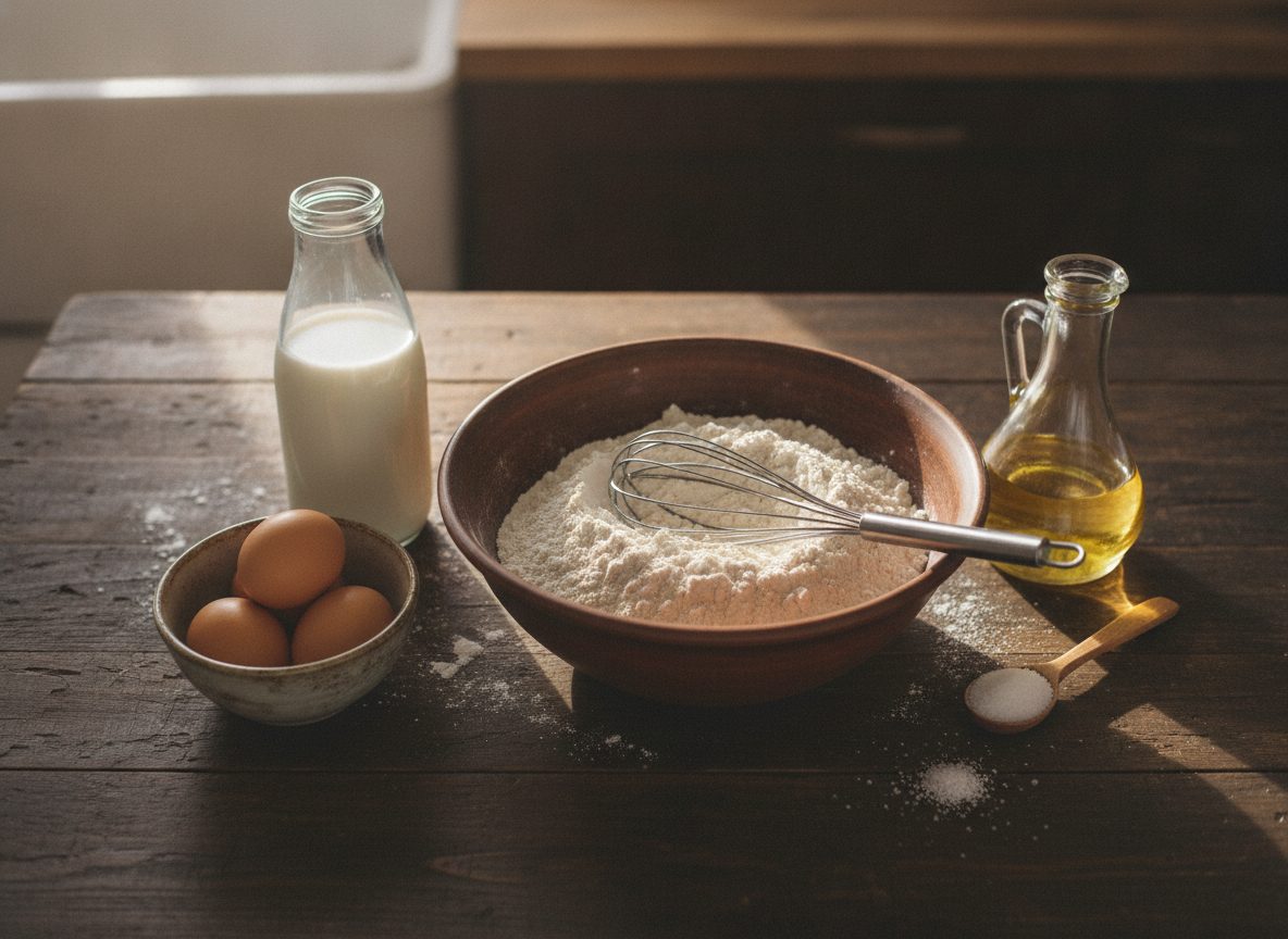Продукти для млинців: молоко, яйця, борошно, олія