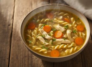 Домашний куриный суп с лапшой в тарелке