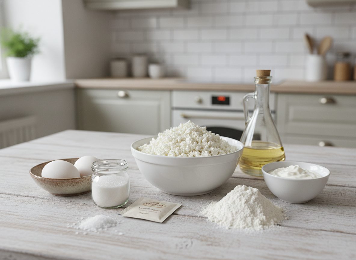 Продукты для сырников: творог, яйца, мука, сахар, сметана
