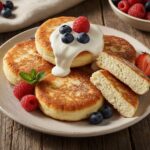 Классические сырники со сметаной и ягодами на тарелке