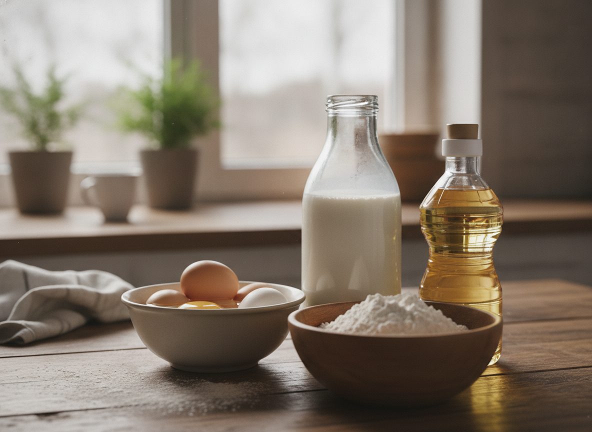 Продукты для блинчиков: молоко, яйца, мука и масло