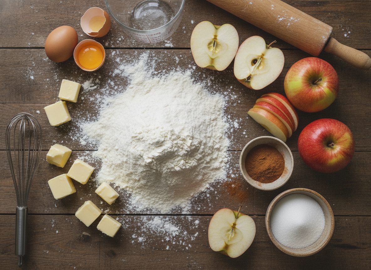 Ингредиенты для яблочного пирога: мука, масло, яблоки, корица на столе