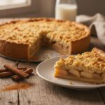 Яблочный пирог на разъёмной форме, кусок вырезан и лежит на тарелке