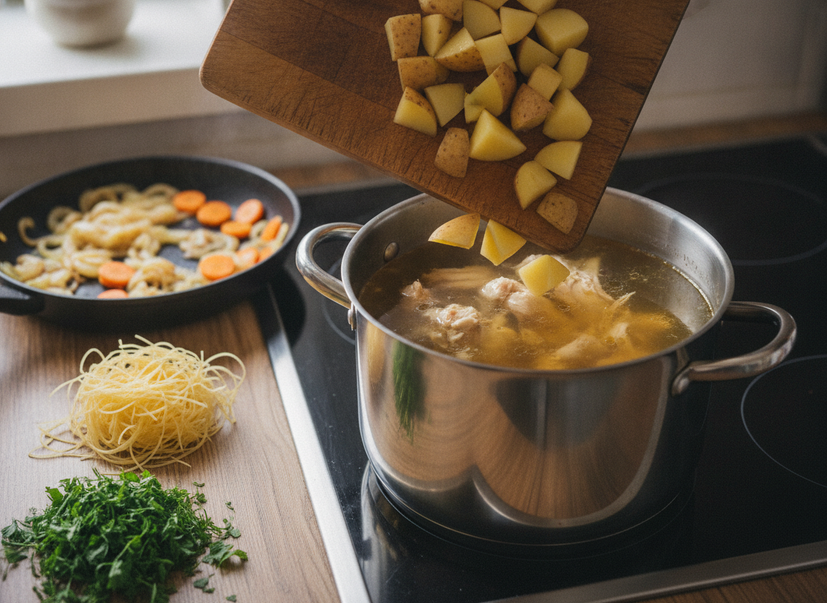 Кубики картофеля и обжарка опускаются в кастрюлю с бульоном