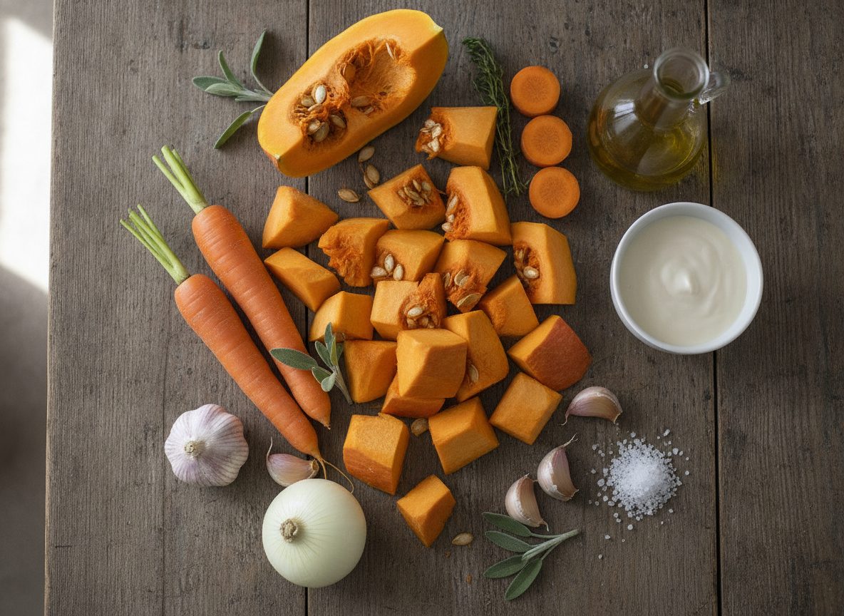 Продукты для тыквенного крем-супа: тыква, морковь, лук, сливки