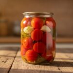 Банка с квашеными помидорами как бочковые на деревянном столе