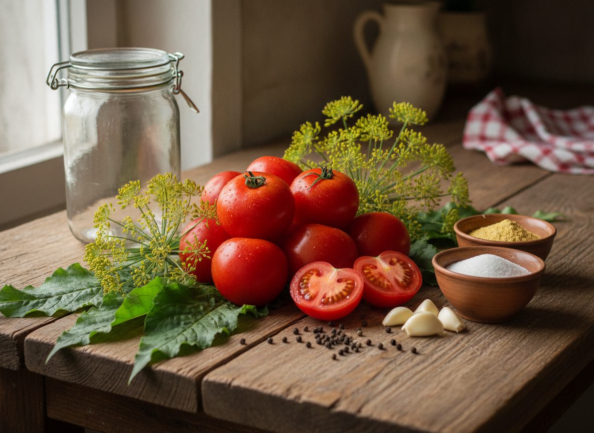 Продукты для засолки: помидоры, укроп, листья хрена, чеснок, соль, сахар