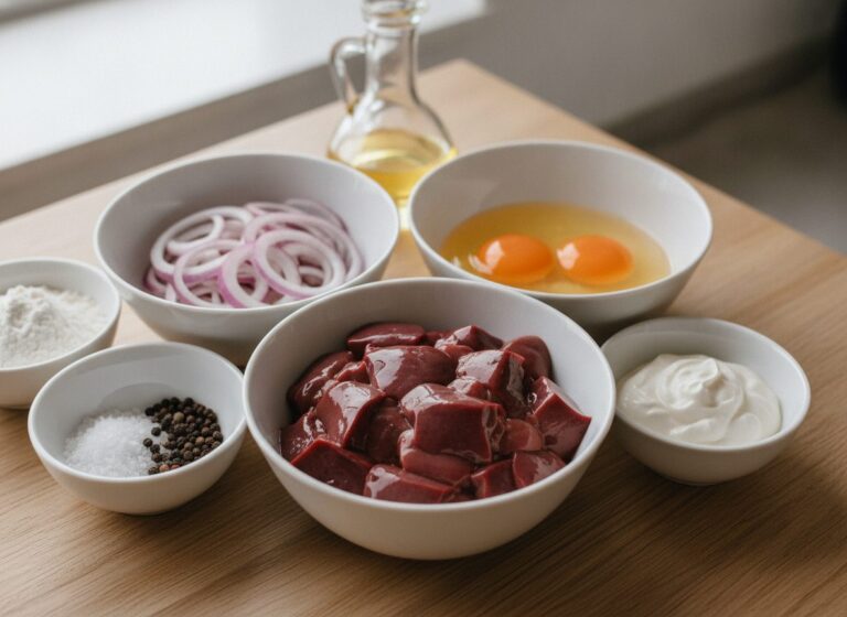 Куриная печень, лук, яйцо, сметана, мука и специи на кухонном столе