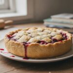Круглый песочный пирог с румяной тёртой корочкой и вишнёвой начинкой