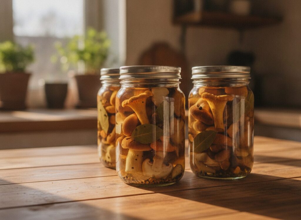 Закрытые банки с маринованными лесными грибами