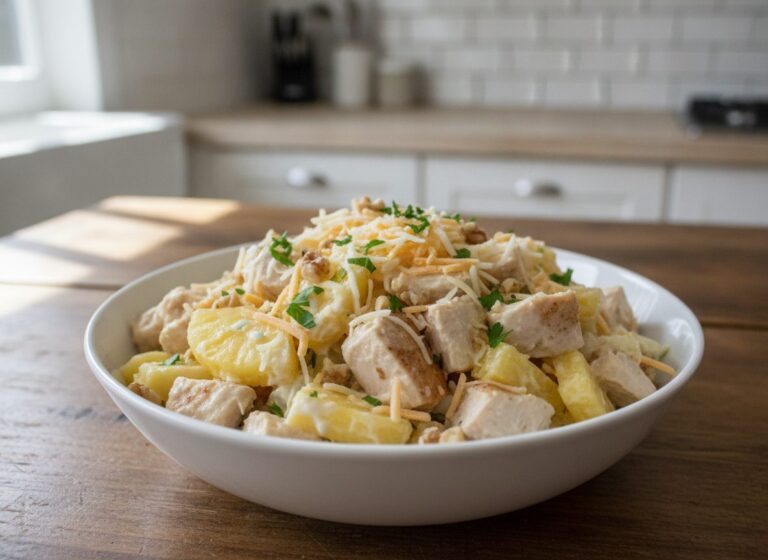 Готовый классический салат с ананасом и курицей в салатнике