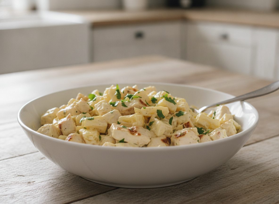 Заправленный майонезом салат с ананасом и курицей в салатнике