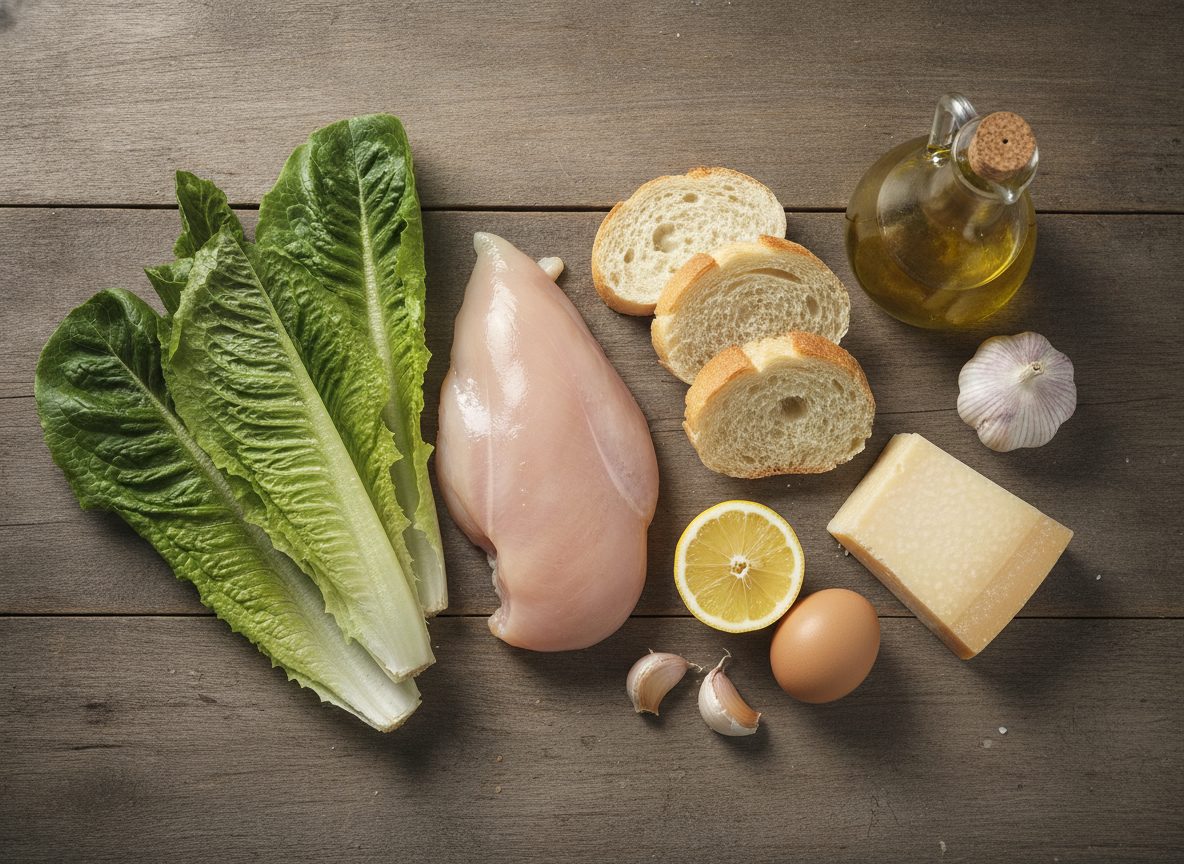 Продукты для салата «Цезарь»: куриное филе, салат, багет, пармезан, яйцо, лимон, чеснок