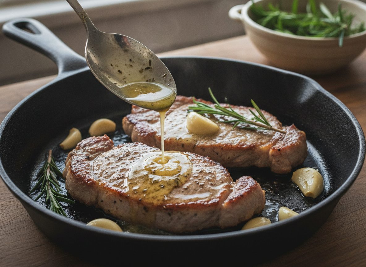 Поливка свиных стейков сливочным маслом с чесноком и розмарином