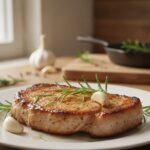 Сочный стейк из свинины с румяной корочкой на тарелке с розмарином