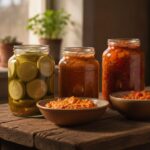 Стеклянные банки с заготовками из кабачков на столе