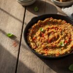 Готовая кабачковая икра кусочками в чугунной сковороде, посыпанная копчёной паприкой