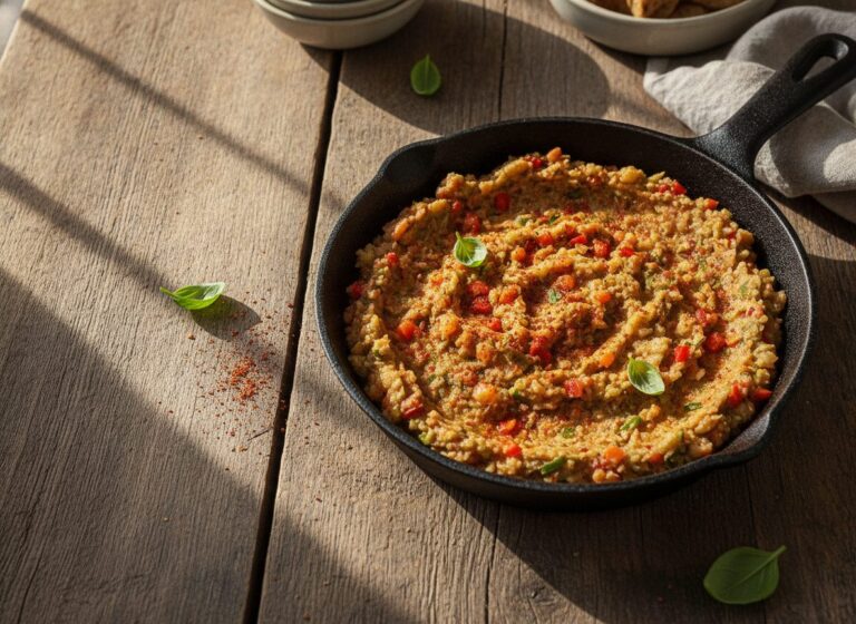 Готовая кабачковая икра кусочками в чугунной сковороде, посыпанная копчёной паприкой