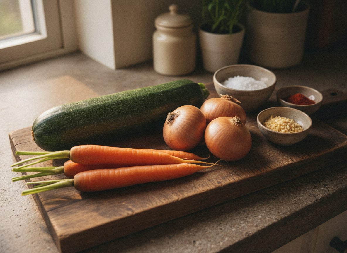 Продукты для икры на столе: кабачок, две моркови, три луковицы и специи