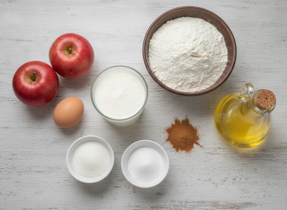 Продукты для яблочных оладий разложены на столе: кефир, мука, яблоки, яйцо, сахар, сода и масло